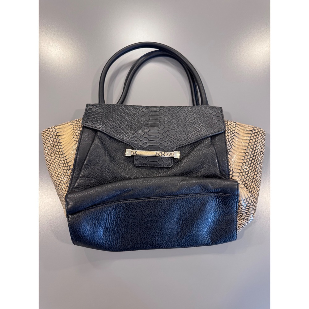 Vince Camuto Black Leather Snakeskin Embossed Tote Bag Gold Hardware Handbag